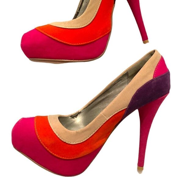 Psychedelic Stilettos Fuchsia Orange Purple Beige Pumps Velvet Heels - Picture 15 of 16